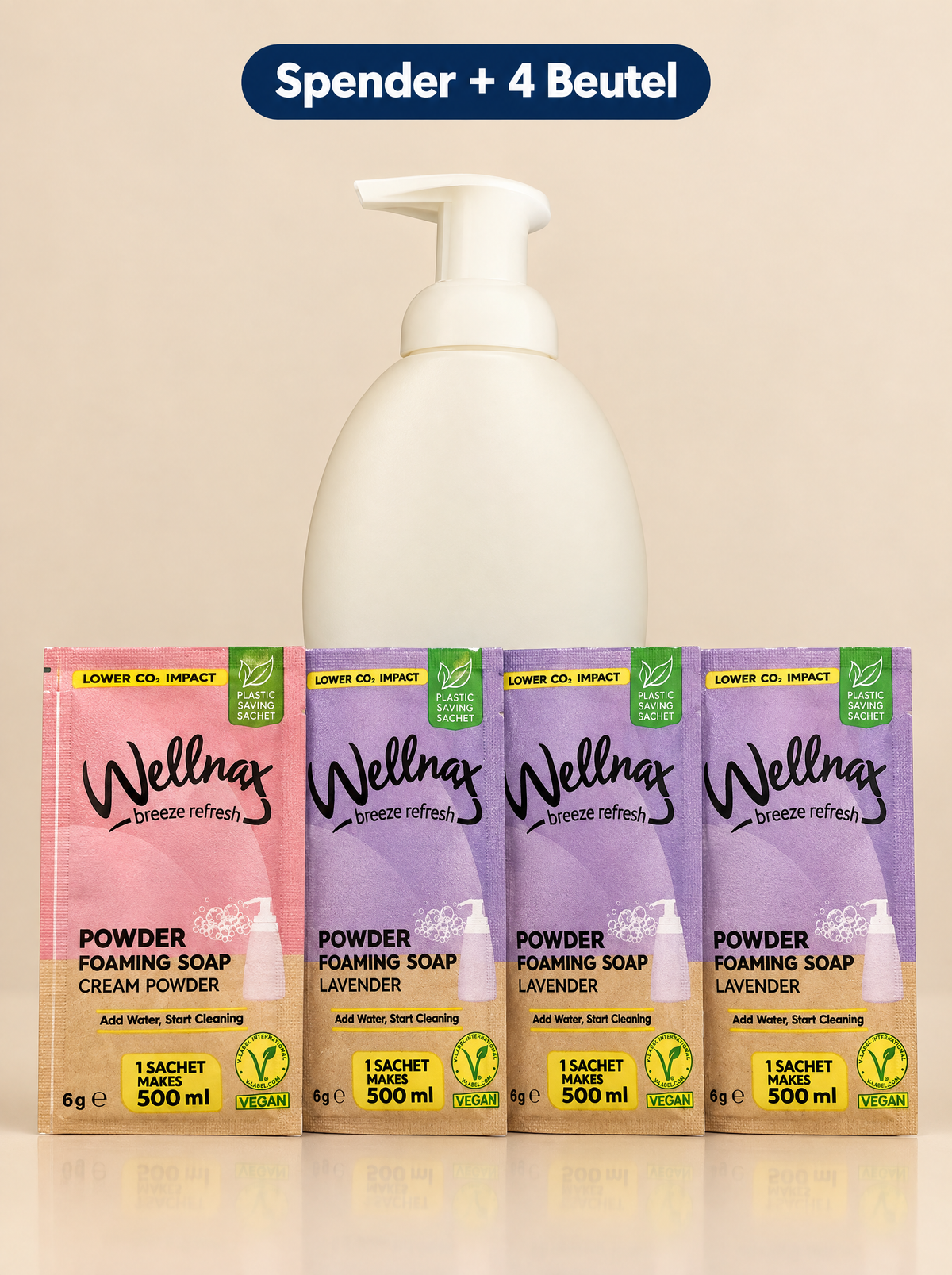 Wellnax Schaumseifen-Set – Nachfüllbarer Seifenspender 500 ml + Pulver-Schaumseife | 1 Beutel = 500 ml Seife | Vegan | Nachfüllbeutel Lavendel