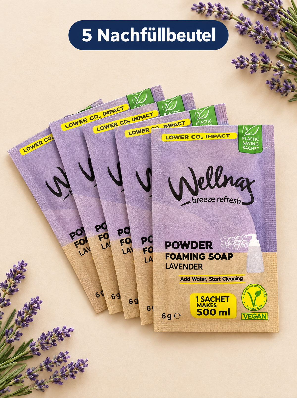 Wellnax Schaumseifen-Set – Nachfüllbarer Seifenspender 500 ml + Pulver-Schaumseife | 1 Beutel = 500 ml Seife | Vegan | Nachfüllbeutel Lavendel