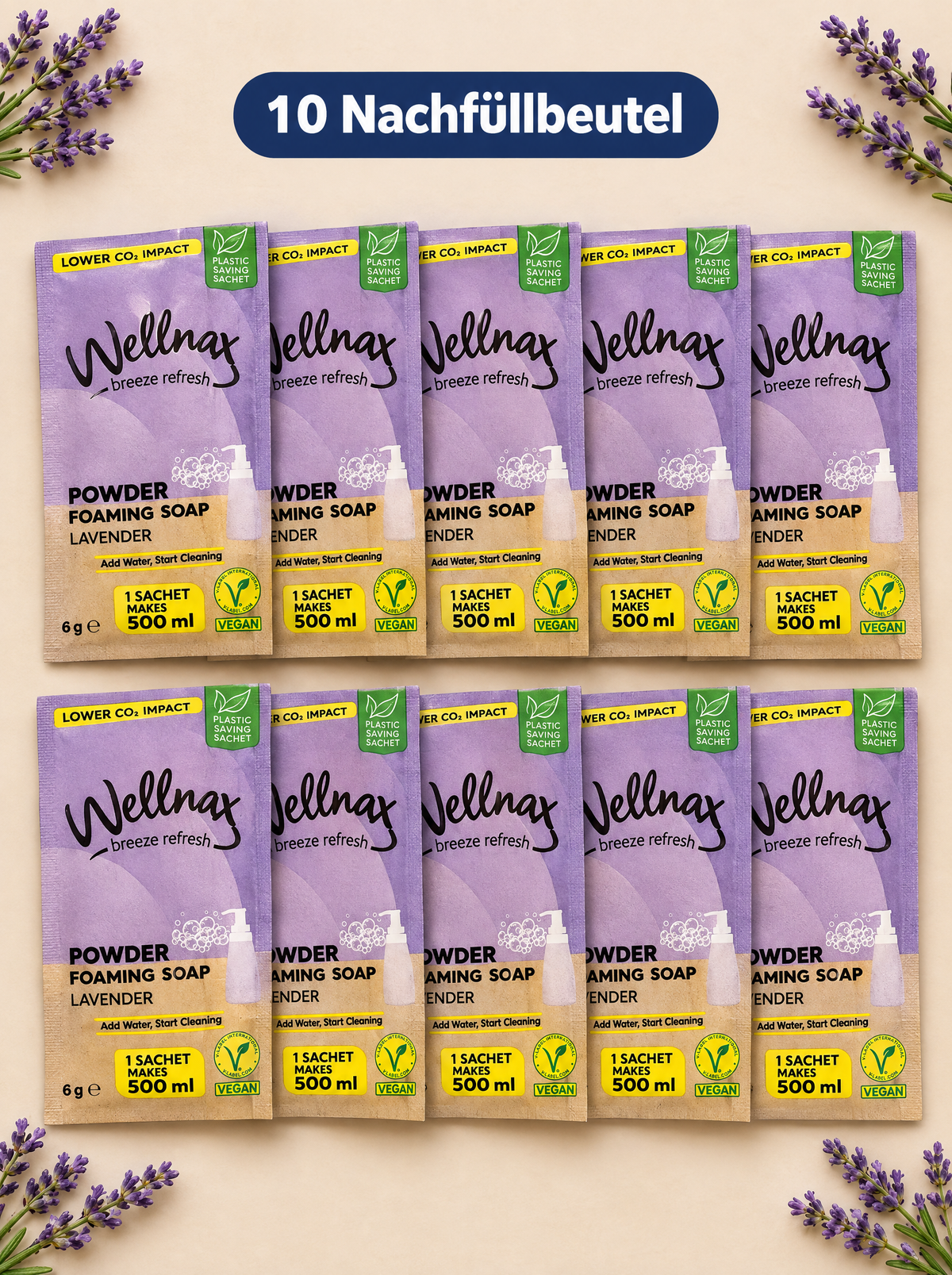 Wellnax Schaumseifen-Set – Nachfüllbarer Seifenspender 500 ml + Pulver-Schaumseife | 1 Beutel = 500 ml Seife | Vegan | Nachfüllbeutel Lavendel