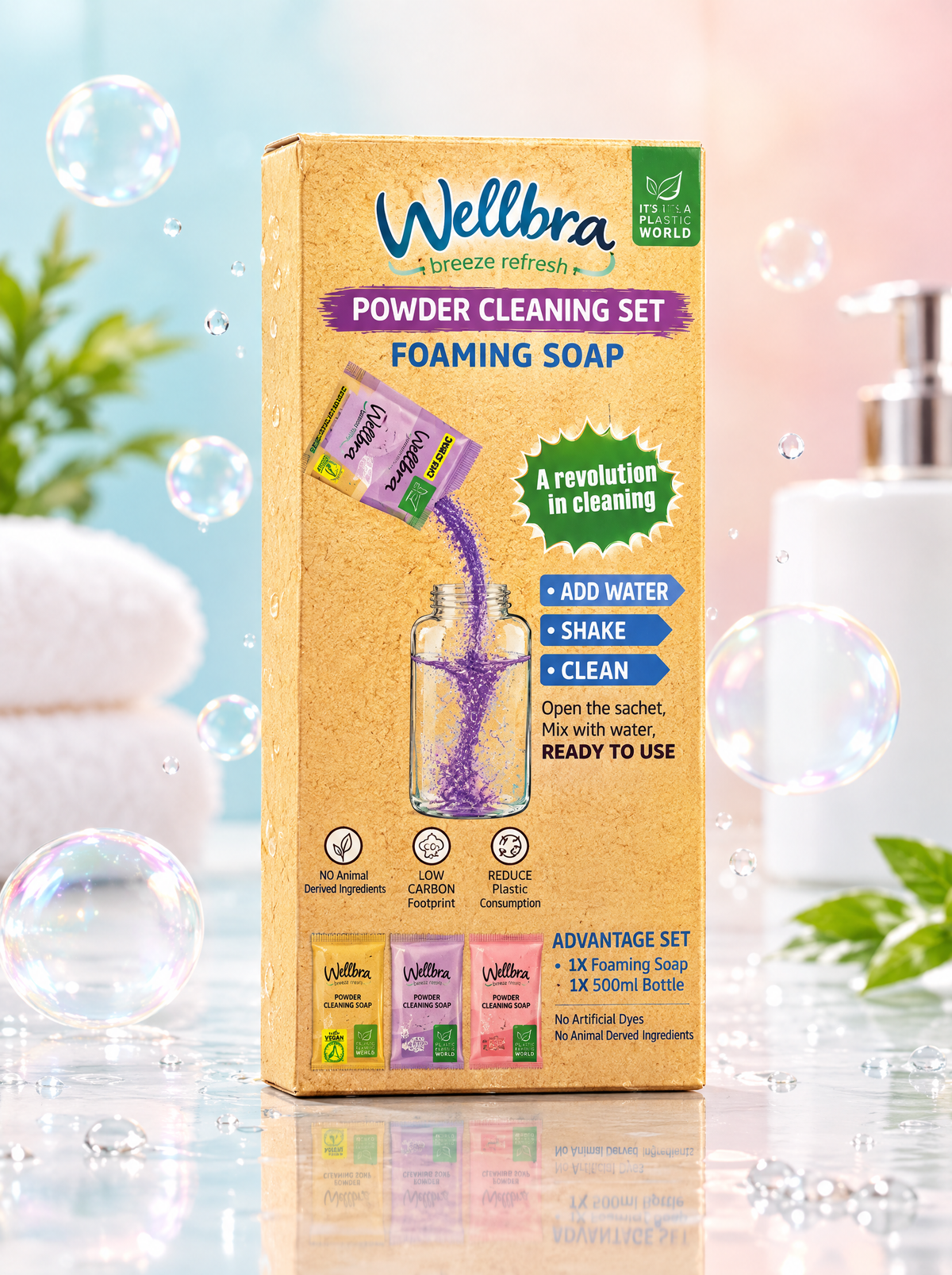Wellnax Schaumseifen-Set – Nachfüllbarer Seifenspender 500 ml + Pulver-Schaumseife | 1 Beutel = 500 ml Seife | Vegan | Nachfüllbeutel Lavendel