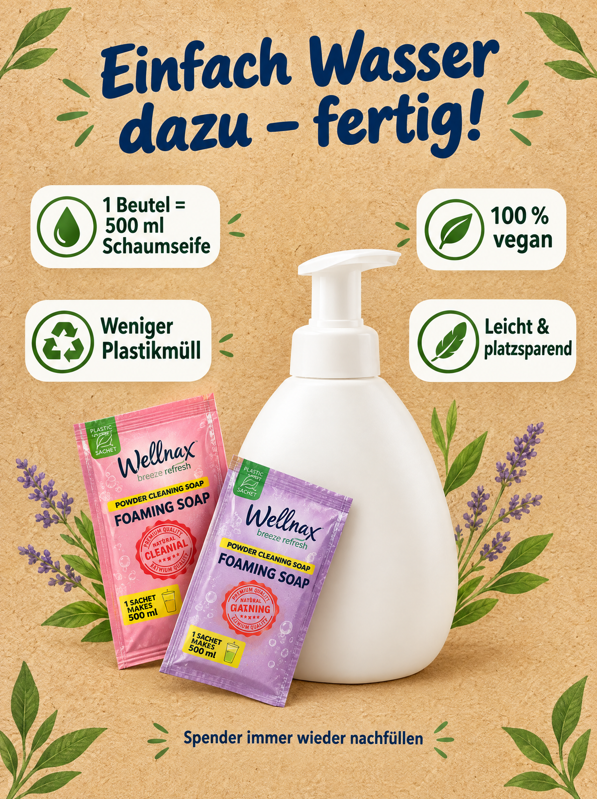 Wellnax Schaumseifen-Set – Nachfüllbarer Seifenspender 500 ml + Pulver-Schaumseife | 1 Beutel = 500 ml Seife | Vegan | Nachfüllbeutel Lavendel