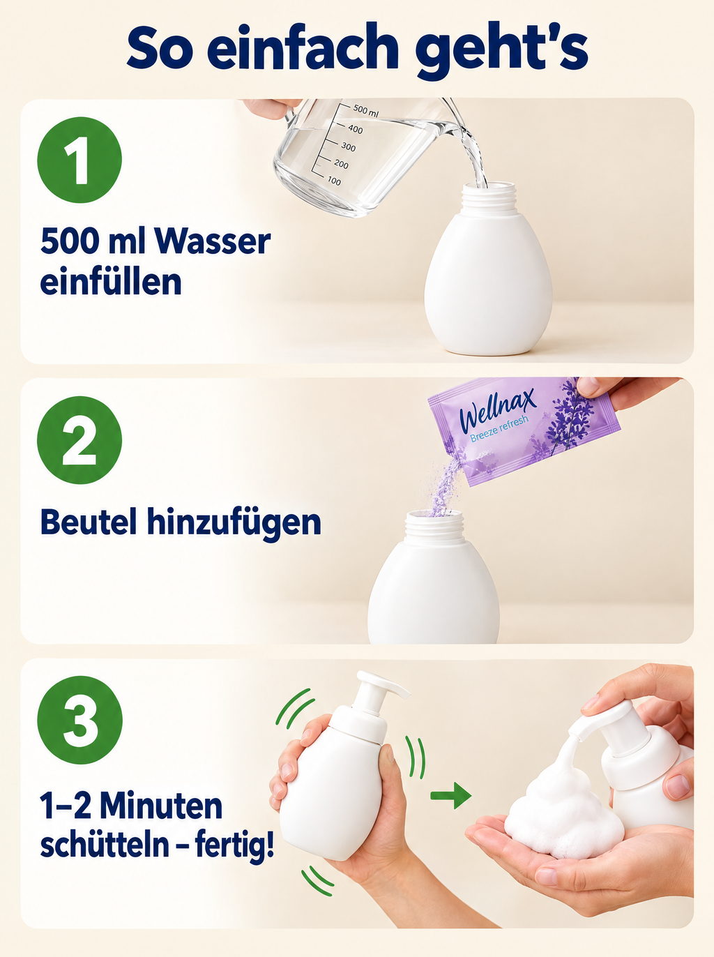 Wellnax Schaumseifen-Set – Nachfüllbarer Seifenspender 500 ml + Pulver-Schaumseife | 1 Beutel = 500 ml Seife | Vegan | Nachfüllbeutel Lavendel